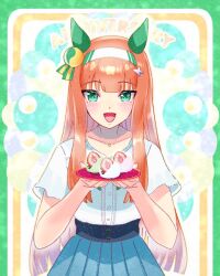  1girl animal_ears aqua_skirt blue_eyes blunt_bangs blush casual chiffon collarbone commentary ear_covers food fruit hairband hime_cut holding holding_plate horse_ears horse_girl jewelry long_hair necklace open_mouth orange_hair plate pleated_skirt shirt short_sleeves silence_suzuka_(casual)_(umamusume) silence_suzuka_(umamusume) skirt smile solo strawberry umamusume white_hairband white_shirt 