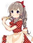  1girl apron blush braid breasts caracorn dress eating flying_sweatdrops food frilled_apron frilled_dress frills grey_hair hair_ribbon highres holding holding_food idolmaster idolmaster_shiny_colors long_hair looking_at_another medium_breasts pizza_toast polka_dot polka_dot_dress puffy_short_sleeves puffy_sleeves red_dress red_ribbon ribbon short_sleeves sidelocks simple_background solo twin_braids twintails upper_body violet_eyes waist_apron white_apron white_background yukoku_kiriko 