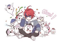  >_< 1boy ahoge animal_ears animal_print apron bandaid bell bikini black_eyes black_hat black_pants black_streaks blue_eyes blue_hat blue_jacket bow bowtie cat_ears cat_tail character_name chinese_commentary commentary_request confetti cosplay cow_ears cow_print cow_print_bikini cowbell crossed_legs danganronpa_(series) danganronpa_2:_goodbye_despair drawstring frilled_apron frills grey_jacket hat heart highres hood hoodie jacket jacket_over_hoodie maid_headdress master_detective_archives:_rain_code monomi_(danganronpa) monomi_(danganronpa)_(cosplay) multicolored_hair multicolored_jacket nigou_(hundred_line) pants party_popper pink_bow print_bikini red_bow red_bowtie red_eyes red_hair red_hat shinigami_(ghost)_(rain_code) shinigami_(ghost)_(rain_code)_(cosplay) shinigami_(rain_code) shoes short_hair simpface sirei_(hundred_line) sitting sitting_on_lap sitting_on_person streaked_hair stun_baton sumino_takumi sweatdrop swimsuit tail the_hundred_line_-last_defense_academy- two-tone_hair two-tone_jacket white_apron white_background white_hoodie white_shoes 