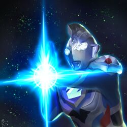  1boy alien armor artist_name bettle_(b_s_a_n) black_skin blue_skin chest_guard color_timer colored_skin commentary compound_eyes constellation crossed_wrists diffraction_spikes dorsal_fin energy giant giant_male glowing glowing_eyes hands_up highres looking_ahead male_focus multicolored_skin night no_pupils outdoors pectorals powering_up red_skin shoulder_armor silver_skin sky solo star_(sky) starry_sky tokusatsu toned toned_male ultra_beam ultra_series ultraman_z ultraman_z_(original) ultraman_z_(series) upper_body white_eyes 