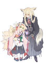  2girls absurdres animal_ears apron arknights black_coat black_hakama black_jacket black_skirt blonde_hair bobby_socks brown_eyes chinese_commentary coat coin_purse commentary_request flower fox_ears fox_girl fox_tail green_eyes hair_flower hair_ornament hairband hakama highres jacket japanese_clothes kimono kitsune kyuubi long_skirt mother_and_child mother_and_daughter multiple_girls multiple_tails necktie official_alternate_costume okobo open_mouth parent_and_child pink_kimono platform_sandals red_hairband red_necktie sandals simple_background skirt socks suzuran_(arknights) suzuran_(yukibare)_(arknights) tail vulpisfoglia_(arknights) waist_apron white_apron white_background white_socks zhixiangfangfang 