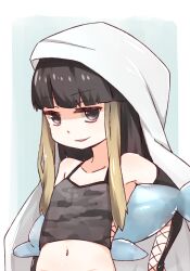  1girl bare_shoulders black_eyes black_hair black_sleeves blue_background blunt_bangs camouflage_tank_top coat coat_on_head collarbone commentary_request crop_top cross-laced_clothes cross-laced_sleeves cross-laced_top detached_sleeves grey_tank_top hime_cut holding holding_stuffed_toy i.u.y kuroyoru_umidori lace-up lace-up_top light_smile long_hair long_sidelocks looking_at_viewer midriff multicolored_hair navel partial_commentary partially_shaded_face sidelocks smirk solo stomach stuffed_animal stuffed_dolphin stuffed_toy tank_top toaru_majutsu_no_index toaru_majutsu_no_index:_new_testament two-tone_hair upper_body white_coat 