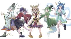  5girls aqua_dress belt black_hair black_hat black_sailor_collar black_shoes black_skirt blue_eyes blue_hair brown_eyes brown_hair chisel commentary dress flower full_body ghost_tail gold green_dress green_eyes green_hair grey_eyes grey_hair hair_ornament hair_ribbon hair_stick hat highres japanese_clothes kaku_seiga kariginu long_sleeves looking_at_viewer medium_hair miyako_yoshika mononobe_no_futo multiple_girls ofuda ofuda_on_clothes omaega_chan pink_flower pointy_hair ponytail purple_skirt red_eyes red_shirt ribbon ribbon-trimmed_sleeves ribbon_trim sailor_collar shirt shoes short_sleeves simple_background skirt socks soga_no_tojiko standing standing_on_one_leg tate_eboshi ten_desires touhou toyosatomimi_no_miko vest white_background white_socks white_vest wide_sleeves 