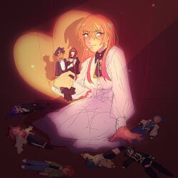  akakura_chinatsu arashiyama_kimie blonde_hair commentary crossdressing doll dress english_commentary frown gero_hikaru hair_over_shoulder highres himekawa_kyoko himi_makoto hiphopch3rrypop holding holding_doll kinosaki_mei marriagetoxin mole multicolored_hair pink_streaks red_eyes streaked_hair ureshino_shiori ushio_shizuku white_dress 