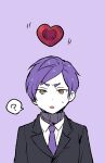  1boy ? black_jacket brown_eyes collared_shirt commentary_request grey_sweater heart jacket lobotomy_corporation looking_at_viewer male_focus medu_(rubish) necktie open_mouth project_moon purple_background purple_hair purple_necktie ribbed_sweater shirt short_hair simple_background solo speech_bubble spoken_question_mark sweat sweater turtleneck turtleneck_sweater upper_body white_shirt yesod_(project_moon) 