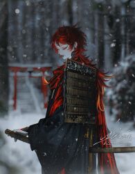  1boy armor au_(d_elete) black_kimono blurry closed_eyes closed_mouth colored_eyelashes commentary_request cowboy_shot depth_of_field earrings expressionless face_piercing forest from_side hand_on_sheath highres japanese_armor japanese_clothes jewelry katana kimono kunimune_saburou_(touken_ranbu) lip_piercing long_hair long_sleeves male_focus nature outdoors piercing plate_armor red_hair red_scarf scarf sheath sheathed signature snowing solo stairs standing sword torii touken_ranbu tree very_long_hair weapon 
