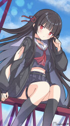  1girl absurdres arm_at_side black_choker black_hair black_jacket black_serafuku black_skirt black_socks blue_sky blunt_bangs blunt_ends blush chisa_(wuthering_waves) choker closed_mouth commentary day feet_out_of_frame floating_hair hand_up heart highres hime_cut index_finger_raised jacket kk0220 kneehighs light_frown long_hair long_sleeves looking_at_viewer midriff miniskirt neckerchief open_clothes open_jacket outdoors pleated_skirt red_eyes red_neckerchief sailor_collar sailor_shirt school_uniform serafuku shirt sidelocks signature sitting skirt sky socks solo tacet_mark_(wuthering_waves) thigh_strap very_long_hair white_sailor_collar wuthering_waves 