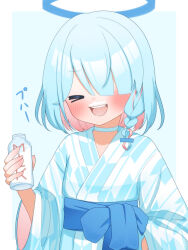  >_< 1girl :d absurdres arona_(blue_archive) bath_yukata blue_archive blue_background blue_hair blue_halo blue_kimono blush border bottle braid choker closed_eyes colored_inner_hair commentary_request hair_over_one_eye halo highres holding holding_bottle japanese_clothes kimono long_sleeves medium_hair milk_bottle milk_mustache multicolored_hair obi outside_border petako_(ptpt_k) pink_hair sash sidelocks simple_background single_braid smile solo teeth translation_request upper_body upper_teeth_only white_border white_choker yukata 