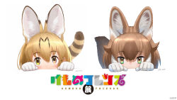  2girls absurdres animal_ears blonde_hair brown_eyes brown_hair cat_ears cat_girl cat_tail copyright_name dhole_(kemono_friends) extra_ears gloves highres kemono_friends looking_at_viewer multiple_girls official_art serval_(kemono_friends) short_hair simple_background tail wolf_ears wolf_girl wolf_tail yellow_eyes yoshizaki_mine 