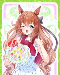  1girl animal_ears blush bow breasts brown_hair chiffon collarbone commentary_request dress floral_print floral_print_dress green_eyes hair_between_eyes happy_birthday holding horse_ears horse_girl horse_tail jacket jacket_around_neck long_hair maruzensky_(casual)_(umamusume) maruzensky_(umamusume) one_eye_closed open_mouth print_dress sleeveless sleeveless_dress smile tail thumbs_up umamusume very_long_hair white_dress 