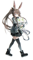  1girl absurdres amiya_(arknights) animal_ears ankle_boots arknights black_boots black_skirt black_thighhighs blue_eyes blush boots braid brown_hair chinese_commentary chromatic_aberration closed_mouth commentary_request crossed_bangs full_body grey_hair grey_jacket hair_between_eyes highres holding jacket jewelry light_blush long_hair long_sleeves looking_at_viewer multiple_rings pleated_skirt ring ruo_xiao_wuli simple_background skirt sleeve_zipper smile solo split_mouth standing thigh-highs very_long_hair walking white_background zipper zipper_pull_tab 