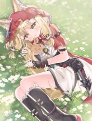  1girl animal_ear_fluff animal_ears arknights arknights:_endfield black_gloves blonde_hair boots commentary ears_through_headwear fingerless_gloves gloves highres hood lying ni_kiro on_ground on_side rossi_(arknights) tail wolf_ears wolf_girl wolf_tail yellow_eyes 