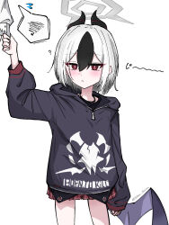  1girl 1other ? aged_down black_hair black_hoodie black_horns blue_archive blush closed_mouth clothes_grab commentary_request demon_horns flying_sweatdrops grabbing_another's_shirt halo highres hood hood_down hoodie horns hukuro_kasiwa kayoko_(blue_archive) long_sleeves looking_at_viewer miniskirt multicolored_hair pleated_skirt purple_wings red_eyes red_skirt short_hair simple_background single_wing skirt sleeves_past_wrists solo_focus sound_effects spoken_squiggle squiggle standing twitter_username two-tone_hair upper_body white_background white_hair wings 