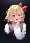  1girl black_vest blonde_hair blush collared_shirt darkness fang hair_between_eyes hair_ribbon highres long_sleeves open_mouth red_eyes red_ribbon ribbon rumia shirt short_hair skin_fang solo touhou upper_body usushio vest white_shirt 