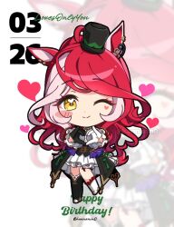  1girl animal_ears asymmetrical_gloves black_jacket blush breasts chibi closed_mouth commentary_request facial_mark full_body gloves hair_between_eyes hair_ornament happy_birthday hat heart heart_facial_mark heart_hands heart_on_cheek highres horse_ears horse_girl horse_tail jacket kanntsukirin long_hair looking_at_viewer loves_only_you_(9927_wishes)_(umamusume) loves_only_you_(umamusume) mini_hat mini_top_hat mismatched_gloves multicolored_hair one_eye_closed red_hair skirt smile tail top_hat umamusume white_skirt yellow_eyes zoom_layer 