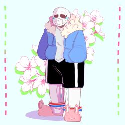  1:1 1boy 2023 2d animal_slippers aqua_shirt black_shorts blue_jacket blush_stickers commentary digital_media double_horizontal_stripe english_commentary flower full_body fur-trimmed_jacket fur_trim green_background hands_in_pockets highres hollow_eyes horizontal-striped_socks humanoid jacket long_sleeves male male_focus male_only monster monster_boy onerudegentlman open_clothes open_jacket pink_slippers rabbit_slippers sans_(undertale) shadow shirt shorts simple_background single_vertical_stripe skeleton slippers socks solo standing striped_clothes striped_shorts striped_socks teeth undead undertale utdr_(toby_fox) vertical-striped_clothes vertical-striped_shorts white_flower white_socks white_stripes 