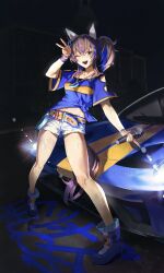  1girl absurdres animal_ears bead_bracelet beads belt blue_boots blue_hair blue_shirt blush boots bracelet breasts brown_hair car commentary_request cutoffs daitaku_helios_(fun_fun_party_night)_(umamusume) daitaku_helios_(umamusume) ear_covers facial_tattoo hair_ornament hairclip highres horse_ears horse_girl horse_tail jewelry long_hair looking_at_viewer microphone midriff_peek motor_vehicle multicolored_hair navel necklace open_mouth shirt shorts side_ponytail smile solo standing star_(symbol) star_hair_ornament streaked_hair tail tattoo teeth tied_shirt umamusume upper_teeth_only v vehicle_request white_shorts yellow_belt yellow_eyes yukii91218 