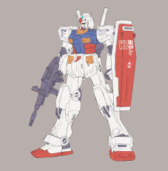  absurdres beam_rifle blue_eyes commentary_request earth_federation earth_federation_space_forces energy_gun grey_background gundam highres hizumi_ms mecha mecha_focus mobile_suit mobile_suit_gundam no_humans robot roundel rx-78-2_gundam science_fiction shield v-fin weapon 