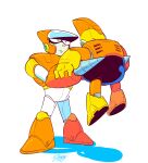  2boys bomb_man carrying crash_man english_commentary frown highres male_focus mega_man_(classic) mega_man_(series) mega_man_1 mega_man_2 multiple_boys prince_(uurw4387) shadow simple_background white_background 