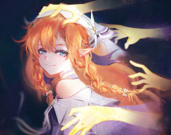  1girl absurdres artist_name bare_shoulders blue_eyes braid braided_sidelocks closed_mouth commentary english_commentary from_side highres long_hair looking_at_viewer morted_art orange_hair pointy_ears sidelocks sigrika_(wuthering_waves) smile solo turning_head veil white_veil wuthering_waves 