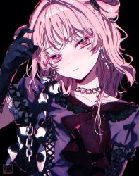  04_fujino9 1other absurdres akiyama_mizuki alternate_hair_length_(shorter) arm_at_side arm_up artist_logo black_background black_bow black_bowtie black_flower black_gloves black_rose bow bowtie chain chain_earrings chain_necklace closed_mouth collarbone commentary costume_request dress earrings expressionless eyelashes flower frilled_sleeves frills gloves highres jewelry lace logo looking_at_viewer medium_hair necklace official_alternate_hairstyle other_focus our_golden_days_(project_sekai) pink_eyes pink_hair polka_dot polka_dot_bow polka_dot_bowtie project_sekai puffy_short_sleeves puffy_sleeves purple_dress purple_ribbon ribbon rose short_sleeves simple_background solo sparkle two-tone_bow two-tone_bowtie two_side_up upper_body white_bow white_bowtie 