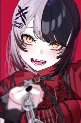  1girl absurdres black_hair black_nails black_ribbon chain dress grey_hair highres holding holding_chain hololive hololive_english looking_at_viewer multicolored_hair neck_ribbon official_alternate_costume open_mouth red_background red_dress ribbon shiori_novella shiori_novella_(casual) solo split-color_hair teeth two-tone_hair u-stadt virtual_youtuber yellow_eyes 
