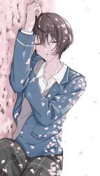  1boy 32o black_hair black_pants blazer blue_jacket cherry_blossoms closed_eyes commentary ensemble_stars! falling_petals flower grey_vest grid_print highres jacket layered_sleeves long_sleeves lying male_focus on_ground on_side pants parted_lips petals sakuma_ritsu school_uniform shirt short_hair sideways sleeping solo sweater_vest untranslatable_commentary vest white_shirt yumenosaki_school_uniform 