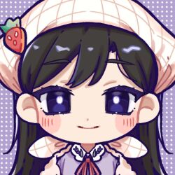  1girl black_eyes black_hair blush bright_pupils chibi chibi_only close-up closed_mouth collared_shirt commentary double-parted_bangs hair_between_eyes headscarf jacket long_hair looking_at_viewer mari_(headspace)_(omori) mari_(omori) nata_kadu official_alternate_costume omori open_clothes open_jacket purple_shirt shirt smile solo untranslatable_commentary upper_body white_headscarf white_jacket white_pupils 