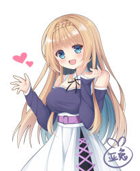  1girl absurdres aqua_hair bare_shoulders belt black_ribbon black_shirt blonde_hair blue_eyes blush braid breasts colored_inner_hair commentary cowboy_shot crown_braid detached_collar hands_up happy heart high-waist_skirt highres kido_tsubasa kk0220 large_breasts long_hair looking_at_viewer multicolored_hair neck_ribbon off-shoulder_shirt off_shoulder open_hand parquet_(yuzusoft) pink_belt plaid_belt plaid_clothes ribbon shirt sidelocks signature simple_background skirt sleeves_past_wrists solo straight_hair two-tone_hair very_long_hair white_background white_skirt 