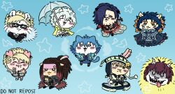  :3 absurdres animal_ears black_hair blonde_hair blue_hair blue_jacket bridge_piercing brown_hair chibikemo chiikawa chiikawa_(character) clear_(dramatical_murder) closed_eyes dekatsuyo_(chiikawa) dramatical_murder dreadlocks earrings face_piercing furuhonya glasses gloves hachiware_(chiikawa) hair_between_eyes hat headband headphones headphones_around_neck highres hood jacket japanese_clothes jewelry kimono koujaku kuri_manjuu_(chiikawa) lip_piercing long_hair long_sleeves looking_at_viewer male_focus maruchanart mink_(dramatical_murder) mizuki_(dramatical_murder) mole momonga_(chiikawa) multicolored_jacket multiple_boys necktie nitro+_chiral noiz_(dramatical_murder) open_mouth pants piercing plaid_clothes plaid_vest ponytail rakko_(chiikawa) red_hair ren_(dramatical_murder) scar scarf sei_(dramatical_murder) seragaki_aoba shirt shisa_(chiikawa) short_hair simple_background smile spiky_hair suit tassel trip_(dramatical_murder) umbrella usagi_(chiikawa) vest virus_(dramatical_murder) white_hair white_jacket 