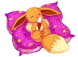  ^_^ animal_focus closed_eyes commentary eevee english_commentary fluffy food holding holding_food holding_ice_cream holding_ice_cream_cone ice_cream ice_cream_cone koriarredondo licking lying neck_fur on_back pawpads pillow pokemon pokemon_(creature) pokemon_focus signature simple_background white_background 