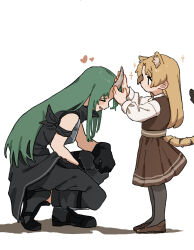  2girls aged_down animal_ear_fluff animal_ears arknights bare_shoulders black_gloves black_pants black_pantyhose black_shirt blonde_hair blush brown_skirt brown_vest closed_mouth commentary_request from_side full_body gloves green_hair heart highres holding_another's_horns horns hoshiguma_(arknights) long_hair long_sleeves multiple_girls pants pantyhose partial_commentary profile shirt simple_background single_horn skirt sleeveless sleeveless_shirt smile sparkle squatting standing swire_(arknights) tail vest white_background white_shirt yano_(edbr1022) yellow_tail 
