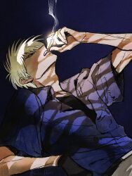  1boy adam's_apple akagi:_yami_ni_oritatta_tensai akagi_shigeru belt black_belt black_eyes black_gloves black_shirt blue_background blue_shirt bored cigarette collarbone collared_shirt expressionless from_side fukumoto_mahjong gloves haka_fkmt hand_up head_back highres holding holding_cigarette layered_shirt leaning_back looking_up male_focus open_clothes open_shirt parted_lips shadow shirt short_hair short_sleeves simple_background single_glove smoke smoking solo spiky_hair teeth upper_body upper_teeth_only white_hair 