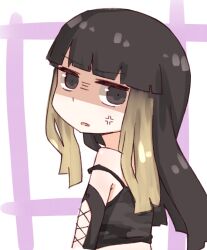  1girl anger_vein bare_shoulders black_eyes black_hair black_sleeves black_tank_top blunt_bangs blunt_sidelocks camouflage_tank_top commentary_request crop_top cross-laced_clothes cross-laced_sleeves detached_sleeves from_side hime_cut i.u.y kuroyoru_umidori lace-up long_hair long_sidelocks looking_at_viewer multicolored_hair parted_lips shaded_face sidelocks solo tank_top toaru_majutsu_no_index toaru_majutsu_no_index:_new_testament two-tone_background two-tone_hair upper_body white_background 
