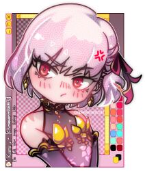  1girl anger_vein character_name closed_mouth earrings eyelashes fate/grand_order fate_(series) jewelry kama_(fate) looking_at_viewer maewenmitzuki pink_ribbon pout red_eyes ribbon solo upper_body white_hair window_(computing) 