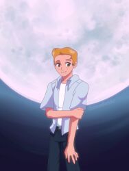  1boy animification artist_name belt black_belt blonde_hair blue_pants blue_shirt brown_eyes buck_teeth collarbone collared_shirt denim diamondbrickz english_commentary family_guy freckles hair_behind_ear hand_on_own_arm highres jeans looking_at_viewer male_focus moon neon_genesis_evangelion pants parody shirt smile sneakers_o'toole solo teeth white_shirt 