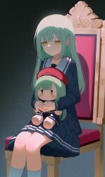  absurdres ave_mujica_(bang_dream!) bang_dream! chair closed_mouth commentary doll green_hair highres holding holding_doll long_hair long_sleeves muou sailor_collar school_uniform serafuku sitting skirt smile untranslatable_commentary wakaba_mutsumi wakaba_mutsumi_(doll) yellow_eyes 