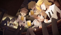  1girl 5boys bar_(place) beer_mug black_hair black_pants blonde_hair blue_eyes brown_hair choker cigarette collared_shirt commentary_request commission cup degrees_of_lewdity earclip earrings faceless faceless_male grabbing_another's_hair grey_eyes grey_skirt hair_ornament hairclip highres holding holding_another's_hair holding_cup holding_rag jasoo jewelry mole mole_under_eye mug multiple_boys necktie open_mouth pants player_character_(degrees_of_lewdity) player_character_(female)_(degrees_of_lewdity) shirt sitting skirt smile tears thigh-highs watermark white_shirt whitney_(degrees_of_lewdity) whitney_(male)_(degrees_of_lewdity) 