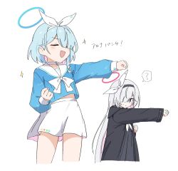  2girls ? arona_(blue_archive) black_hairband black_jacket black_skirt blue_archive blue_hair blue_shirt blush bow bow_hairband bowtie choker clenched_hands closed_eyes cropped_legs grey_eyes hair_over_one_eye hairband halo highres jacket long_sleeves looking_at_another multiple_girls one_eye_covered open_clothes open_jacket open_mouth plana_(blue_archive) sailor_collar shiroirosky shirt simple_background skirt sparkle spoken_question_mark standing sweatdrop translation_request upper_body v-shaped_eyebrows white_background white_bow white_bowtie white_choker white_hairband white_sailor_collar white_skirt 