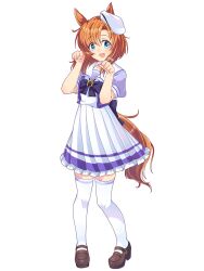  1girl animal_ears beret black_bow black_bowtie blue_eyes bow bowtie full_body hat highres higurashi_no_naku_koro_ni horse_ears horse_girl horse_tail kemonomimi_mode mary_janes nekotorine orange_hair paw_pose pleated_skirt puffy_short_sleeves puffy_sleeves ryuuguu_rena sailor_collar school_uniform serafuku shoes short_sleeves simple_background skirt solo tail thigh-highs tracen_school_uniform umamusume white_background white_sailor_collar white_skirt white_thighhighs 