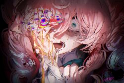  1girl aqua_hair aquila_(honkai:_star_rail) artist_name close-up collar commentary crying drill_hair glitch glitch_art green_eyes hair_between_eyes hand_up heterochromia highres honkai:_star_rail honkai_(series) hyacine_(honkai:_star_rail) long_sleeves multicolored_eyes nyeppu open_mouth pink_hair solo streaming_tears tears teeth upper_body white_sleeves yellow_blood 