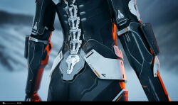  3d armor armored_bodysuit ass black_bodysuit blender_(medium) bodysuit close-up commentary company_logo company_name copyright_logo copyright_name dated english_commentary eve_online from_behind grey_background grey_theme highres logo marmoset_toolbag_(medium) official_art realistic science_fiction undoz zbrush_(medium) 