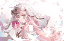  1girl absurdres ambience_synesthesia apple arknights bird blue_gem disembodied_hand draaaaaaalch dress energy_wings food fruit gem gradient_background halo highres holding holding_food holding_fruit jewelry lemuen_(arknights) lemuen_(requiem_vesperis)_(arknights) light_smile looking_at_viewer mark_under_eye necklace official_alternate_costume pink_eyes pink_hair pink_halo sidelocks simple_background smile solo upper_body veil white_veil wings 