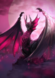  claws clouds cloudy_sky dragon full_moon highres horns malzeno_(monster_hunter) monster monster_focus monster_hunter_(series) monster_hunter_rise moon namiura no_humans outdoors perching red_eyes sky solid_eyes white_scales wings 