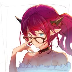  1girl adjusting_eyewear black_choker blue_eyes choker dress finger_on_eyewear frilled_dress frills glasses hair_between_eyes heterochromia hololive hololive_english horns irys_(casualrys)_(hololive) irys_(hololive) lace-trimmed_choker lace_trim light_smile long_hair looking_at_viewer multicolored_hair off-shoulder_dress off_shoulder official_alternate_costume pink_eyes pink_hair pointy_ears ponytail portrait red_streaks shirt simple_background solo spaghetti_strap streaked_hair varsien virtual_youtuber white_background white_dress white_shirt 