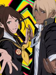  1boy 1girl :o ace_attorney amikoiiko apollo_justice:_ace_attorney badge black_background black_jacket black_sailor_collar blonde_hair blue_eyes brown_hair button_badge chain chain_necklace chromatic_aberration closed_mouth collared_shirt commentary cosplay dark-skinned_male dark_skin drill_hair earrings ema_skye facing_to_the_side fingernails half_updo highres houndstooth index_ring initial jacket jewelry klavier_gavin kujikawa_rise kujikawa_rise_(cosplay) light_smile long_hair long_sleeves looking_at_viewer middle_ring mismatched_eyebrows multiple_rings narukami_yu narukami_yu_(cosplay) neckerchief necklace open_collar outstretched_arm persona persona_4 pink_lips ring sailor_collar school_uniform serafuku shirt side_drill single_earring smile spiral_background teeth two-tone_background upper_body white_shirt yasogami_school_uniform yellow_background yellow_neckerchief 