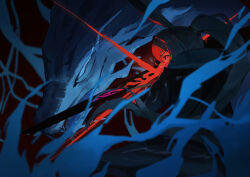  absurdres amiya_(arknights) animal_ears arknights dark_background dragon eastern_dragon glowing glowing_eye glowing_weapon hair_between_eyes highres holding holding_sword holding_weapon hood hooded_jacket ichira jacket ponytail profile rabbit_ears rabbit_girl sharp_teeth smoke sword teeth upper_body weapon 