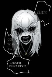  1girl angelica_(project_moon) black_background blood blood_from_eyes commentary english_commentary english_text greyscale hair_between_eyes hollow_eyes jewelry jujutsu_kaisen library_of_ruina long_hair monochrome necklace project_moon ring ring_necklace sansan375223 scene_reference screaming solo speech_bubble stitched_face stitches teeth v-shaped_eyebrows 