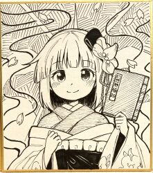  1girl blush book closed_mouth commentary_request falling_petals flower greyscale hair_flower hair_ornament hakama hakama_skirt hieda_no_akyuu highres holding holding_book japanese_clothes kimono layered_kimono long_sleeves looking_at_viewer medium_hair monochrome one_eye_closed petals shikishi skirt smile solo touhou traditional_media translation_request upper_body wide_sleeves yakousei_no_kame 