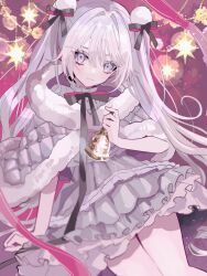  1girl arm_at_side bell black_ribbon bright_background capelet christmas closed_mouth collar collared_dress commentary_request diamond-shaped_pupils diamond_(shape) dot_nose dress dutch_angle frilled_dress frills fur-trimmed_capelet fur_trim grey_eyes grey_hair hair_between_eyes hair_ornament highres holding holding_bell jingle_bell layered_dress long_hair long_ribbon looking_at_viewer nanamiya_ten neck_ribbon original pink_background pink_ribbon pom_pom_(clothes) pom_pom_hair_ornament ribbon short_sleeves sidelocks smile solo standing star_(symbol) star_print symbol-shaped_pupils twintails very_long_hair white_capelet white_dress 